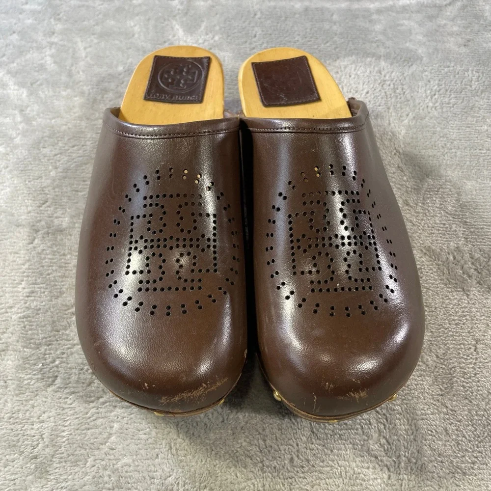 Tory Burch Wooden Clogs Mules Womens 8 Brown Leather Perforated Preppy Boho